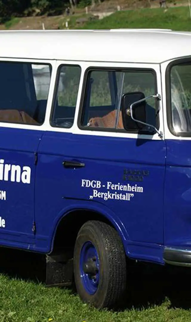 Blauer Oldtimer-Bus mit weißem Dach, beschriftet mit "DDR Museum Pirna", steht auf einer grünen Wiese.